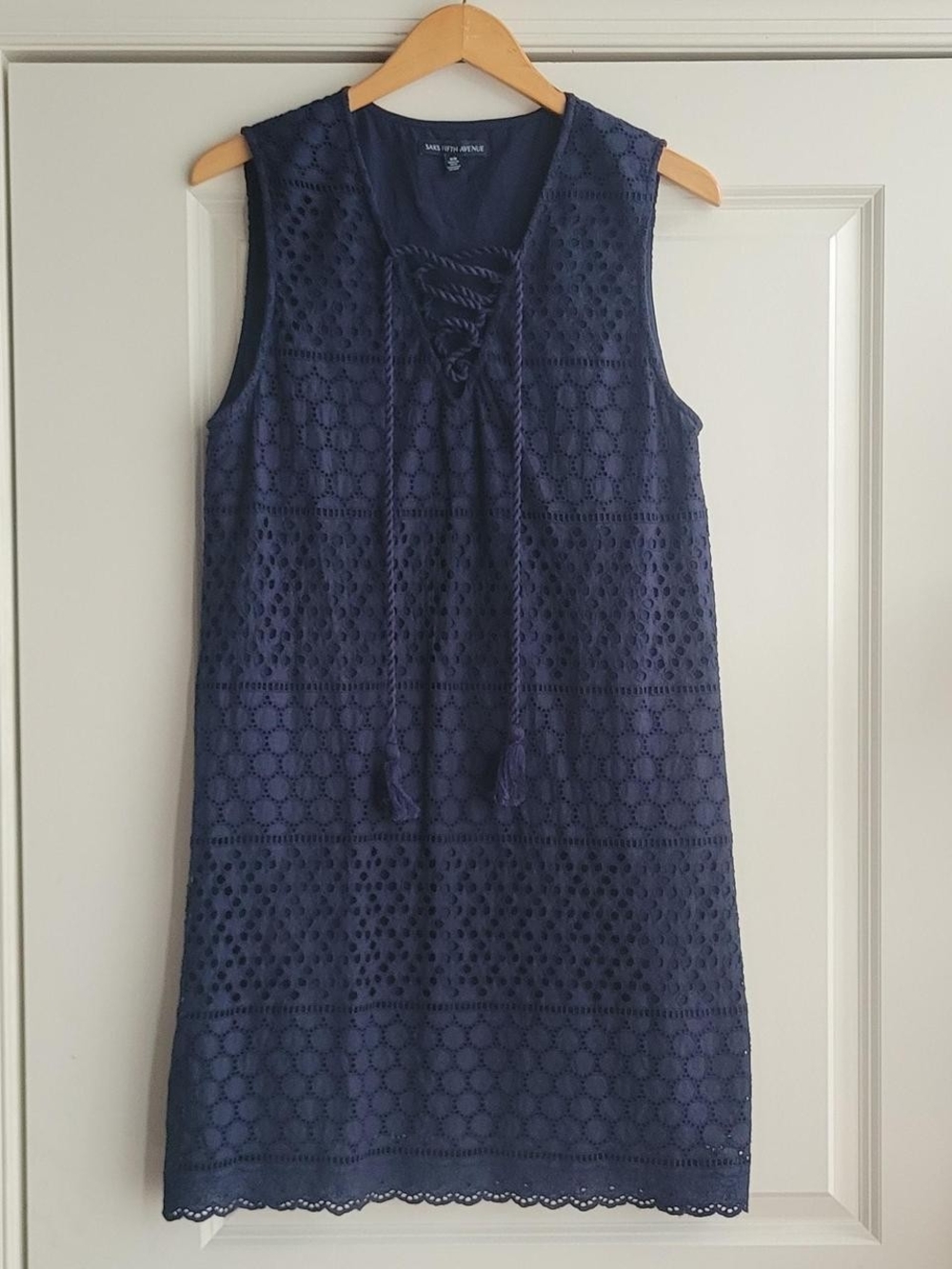 Saks Fifth Avenue navy blue eyelet midi dress